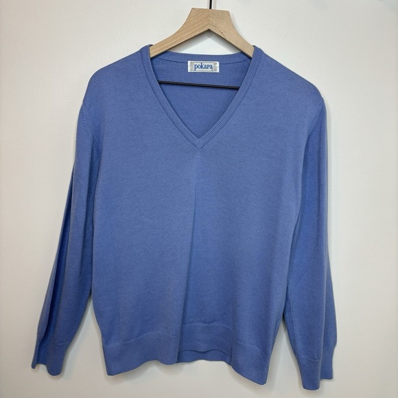 pokara Other - Vintage V-Neck Wool Blend Sweater Medium Blue Made in Spain Classic Minimalist